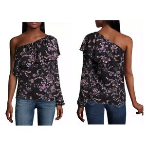 Belle & Sky Size XL One Shoulder Blue Floral Top